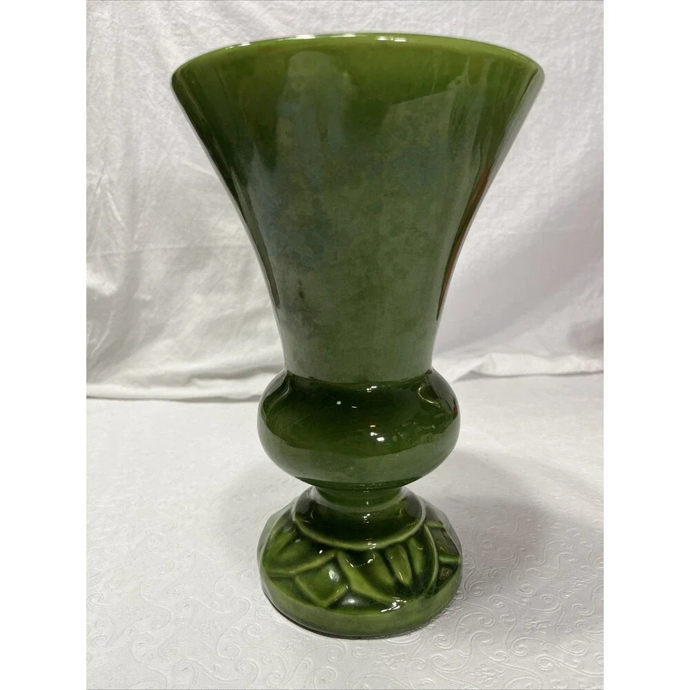 Vintage Mid Century Haeger Art Pottery Avocado Green Pedestal Ceramic Vase 9.5in